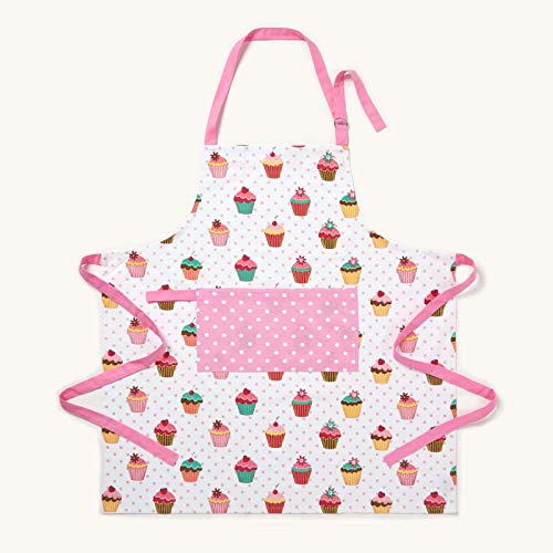 Homescapes Delantal de algodón con Bolsillo, diseño de cup cakes y puntos 80x85cm