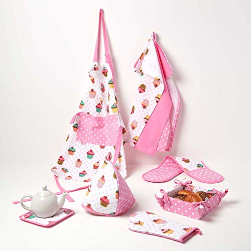 Homescapes Delantal de algodón con Bolsillo, diseño de cup cakes y puntos 80x85cm