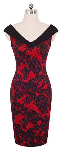 HOMEYEE Vestido de cóctel Floral sin Mangas con Cuello en V sin Mangas Vintage Rose B425(EU 42 = Size XL,Rojo)