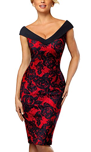 HOMEYEE Vestido de cóctel Floral sin Mangas con Cuello en V sin Mangas Vintage Rose B425(EU 42 = Size XL,Rojo)