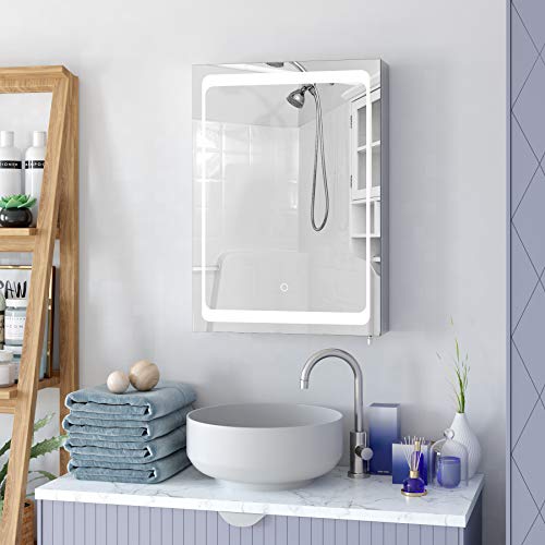 Homfa Armario Baño con Espejo Armario de Pared Armario Colgante con Luz LED de Acero Inoxidable 1 Puerta 2 Compartimentos 50x13x72cm