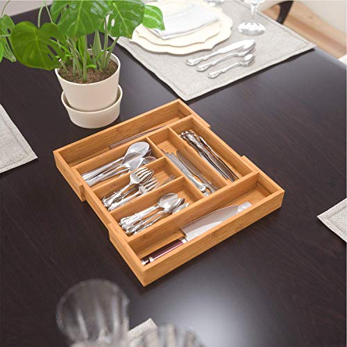 Homfa Bandeja para Cubiertos Organizador para Cubiertos Portacubiertos con 7 Compartimientos de Bambú (30-50) x40x6.5cm