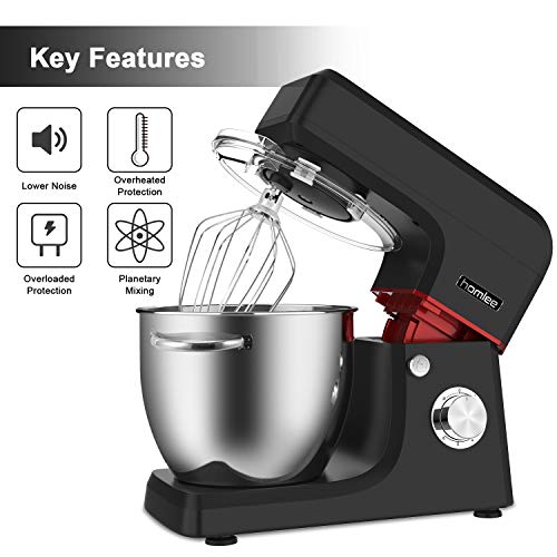 Homlee 1800W Profesional Batidora Amasadora, Amasadora de Bajo Ruido para Repostería, Robot de Cocina Automática Multifuncional, Robot Multifuncional,6.5 litros, 6 velocidades negro
