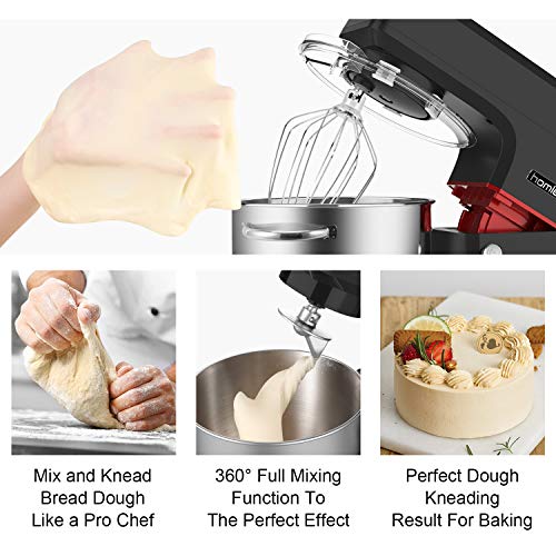 Homlee 1800W Profesional Batidora Amasadora, Amasadora de Bajo Ruido para Repostería, Robot de Cocina Automática Multifuncional, Robot Multifuncional,6.5 litros, 6 velocidades negro