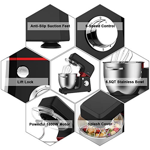 Homlee 1800W Profesional Batidora Amasadora, Amasadora de Bajo Ruido para Repostería, Robot de Cocina Automática Multifuncional, Robot Multifuncional,6.5 litros, 6 velocidades negro