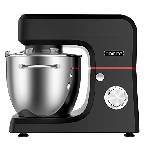 Homlee 1800W Profesional Batidora Amasadora, Amasadora de Bajo Ruido para Repostería, Robot de Cocina Automática Multifuncional, Robot Multifuncional,6.5 litros, 6 velocidades negro