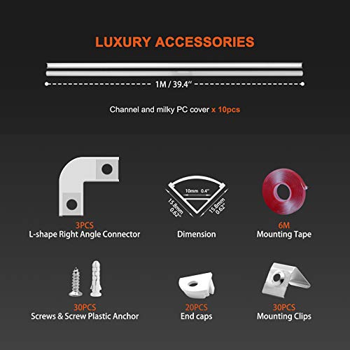 HOMMAND 10 Piezas x1m/3,3 pies Canal de aluminio LED, Perfil para Tiras de LED, Tapa Tira LED con tapas finales, Clips de montaje y adhesivo, 10 Paquete Perfil de Aluminio para LED de 10m (forma de V)