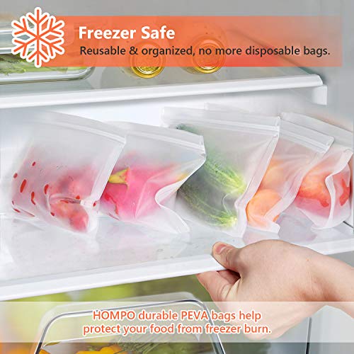 HOMPO Bolsa de Alimentos Reutilizables, 10 Paquetes Biodegradables Bolsas Congelar Bolsas de Conservación Bolsas de Silicona Hermética para Sándwiches, Verduras, Frutas sin BPA