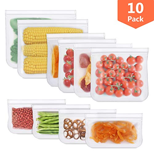 HOMPO Bolsa de Alimentos Reutilizables, 10 Paquetes Biodegradables Bolsas Congelar Bolsas de Conservación Bolsas de Silicona Hermética para Sándwiches, Verduras, Frutas sin BPA