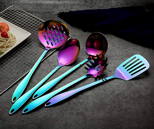 HOMQUEN Utensilios de Cocina de Acero Inoxidable para Utensilios de Cocina Set-5, Juego de Utensilios de Cocina Antiadherente de Color Arco Iris, Coloridos Juegos de Cocina con baño de Titanio