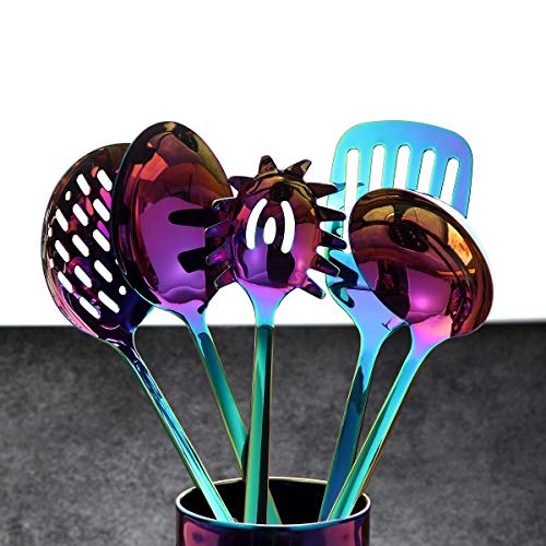 HOMQUEN Utensilios de Cocina de Acero Inoxidable para Utensilios de Cocina Set-5, Juego de Utensilios de Cocina Antiadherente de Color Arco Iris, Coloridos Juegos de Cocina con baño de Titanio