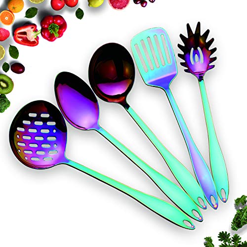 HOMQUEN Utensilios de Cocina de Acero Inoxidable para Utensilios de Cocina Set-5, Juego de Utensilios de Cocina Antiadherente de Color Arco Iris, Coloridos Juegos de Cocina con baño de Titanio