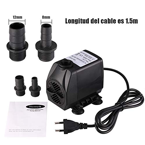 Homvik Bomba de Agua Sumergible para Acuario Estanque Pecera Fuente Circulación de Agua Dulce y Marino con 2 Boquillas 45W 2500L/H 2.5m de Altura