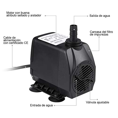 Homvik Bomba de Agua Sumergible para Acuario Estanque Pecera Fuente Circulación de Agua Dulce y Marino con 2 Boquillas 45W 2500L/H 2.5m de Altura