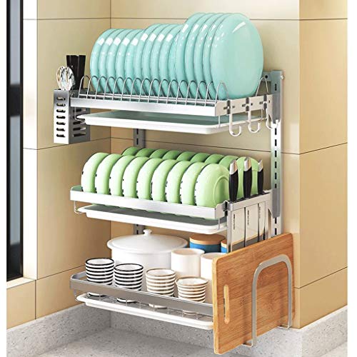 Hong Yi Fei-shop Soportes y organizadores para Utensilios Estante de la Cocina, Cocina de Pared no Perforada de Acero Inoxidable Estante del Plato de Drenaje en Bastidor 3 Capas Cocina Entrepaños