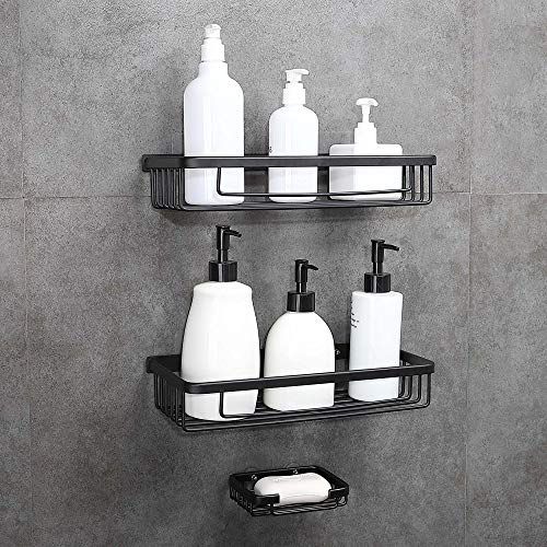 Hoomtaook Estanteria Ducha Estanteria Baño Para de Baño Ducha con una caja de jabón 2 Niveles Negro