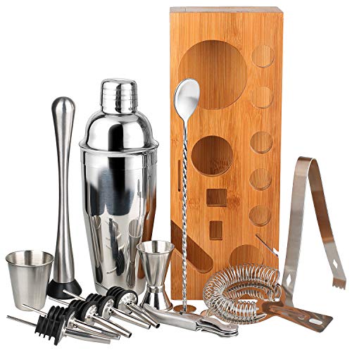 Hossejoy Kit de barman premium para coctelera - Juego de herramientas de barra de 13 piezas con elegante soporte de bambú