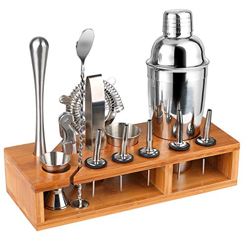 Hossejoy Kit de barman premium para coctelera - Juego de herramientas de barra de 13 piezas con elegante soporte de bambú
