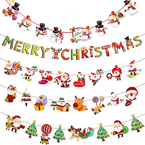 HoufuJC 5 Piezas Guirnalda Navidad Banner, Bunting Merry Christmas de Papel, con Patrones de Reno de Muñeco de Nieve de Papá Noel, para Decoraciones Navideñas