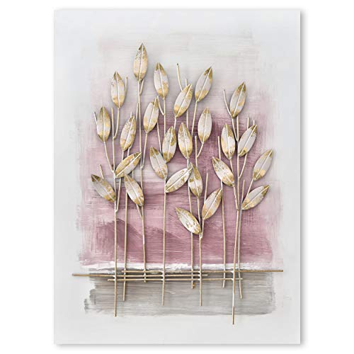 House of Arts – Piante D'oro Decoración de pared 60 x 80 cm – Cuadro 3D pintado a mano con flores – Moderno arte – Metal y madera – Oro, Blanco, Rosa, Azul, metal madera, Rosa., 60 x 80