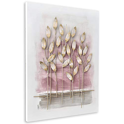House of Arts – Piante D'oro Decoración de pared 60 x 80 cm – Cuadro 3D pintado a mano con flores – Moderno arte – Metal y madera – Oro, Blanco, Rosa, Azul, metal madera, Rosa., 60 x 80