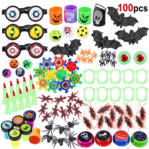 HOWAF 100pcs Fiesta de Halloween Juguetes para Rellenar piñatas de cumpleaños Infantil y Bolsas de Regalo Halloween de Fiestas niños o para el Colegio premios, Arañas, Sellos, murciélagos etc