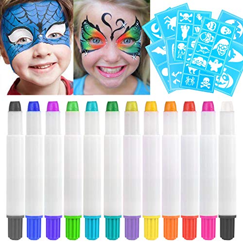 HOWAF 12 Colores Pinturas Faciales y Corporales, Lapices Faciales - Kit de Decoración de Halloween, Cosplay de Maquillaje Navidad y Fiestas - No Tóxico, Adecuado para Embarazadas y Niños