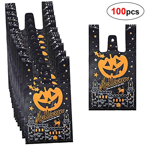 HOWAF 150 Piezas Halloween Bolsas Regalo Cumpleaños para Niños con Asas, Halloween Bolsas para chuches, Bolsas Plástico Regalo Dulces para Frutos Secos, Caramelos, Chocolate