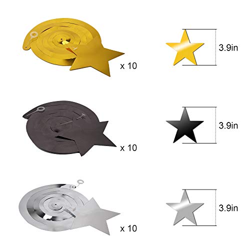 HOWAF 30pcs Estrella Colgando Remolino Guirnalda de Techo serpentinas y Estrella Confeti para Mujer, Hombre, niños, Fiesta de cumpleaños Decoración Plata Negro Oro, Año Nuevo, Graduación
