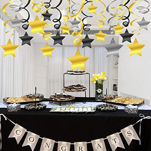 HOWAF 30pcs Estrella Colgando Remolino Guirnalda de Techo serpentinas y Estrella Confeti para Mujer, Hombre, niños, Fiesta de cumpleaños Decoración Plata Negro Oro, Año Nuevo, Graduación