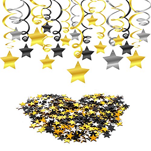 HOWAF 30pcs Estrella Colgando Remolino Guirnalda de Techo serpentinas y Estrella Confeti para Mujer, Hombre, niños, Fiesta de cumpleaños Decoración Plata Negro Oro, Año Nuevo, Graduación