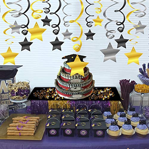 HOWAF 30pcs Estrella Colgando Remolino Guirnalda de Techo serpentinas y Estrella Confeti para Mujer, Hombre, niños, Fiesta de cumpleaños Decoración Plata Negro Oro, Año Nuevo, Graduación