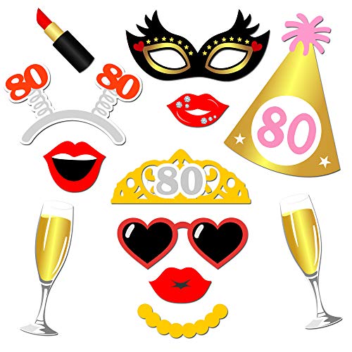 HOWAF 80 años cumpleaños Foto Booth Props, 48Pcs cumpleaños DIY Photo Booth Atrezzo Favorecer Accesorios Photocall para Hombre muje Decoraciones de Fiesta de 80 años cumpleaños