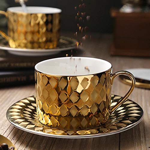 HRDZ Taza Taza de Hotel Mujer cafetería Hombre Traje Creativo cerámica Taza de café Taza de Flores Contorno de Estilo Europeo en Oro Taza Taza 1 con una Cuchara A * Juego de 2 Piezas 8.8 * 6.8cm