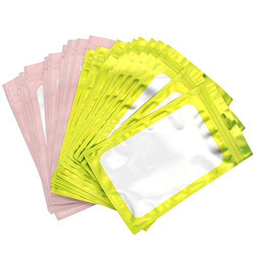 HRR 100 Piezas Bolsas de Alimento de Cierre Resellable Mylar Bolsa con Cierre a Prueba de Olor de Papel Aluminio con Ventana Transparente （Verde y Rosa 4,7 x 7,9 Pulgadas）
