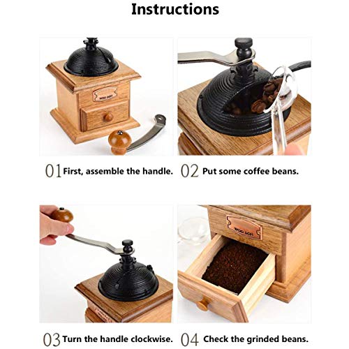 HUA JIE Manual de Doble Hoja de café Antigua Plaza Grinder Madera Cafetera con el Ajuste Ajustable y Moldeada Top portátil de Mano Molino de café Grano Grind