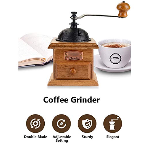 HUA JIE Manual de Doble Hoja de café Antigua Plaza Grinder Madera Cafetera con el Ajuste Ajustable y Moldeada Top portátil de Mano Molino de café Grano Grind