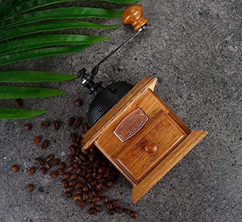 HUA JIE Manual de Doble Hoja de café Antigua Plaza Grinder Madera Cafetera con el Ajuste Ajustable y Moldeada Top portátil de Mano Molino de café Grano Grind