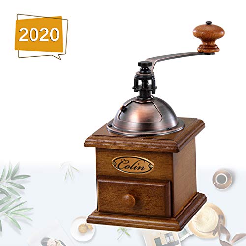 HUA JIE Manual de Doble Hoja de café Antigua Plaza Grinder Madera Cafetera con el Ajuste Ajustable y Moldeada Top portátil de Mano Molino de café Grano Grind