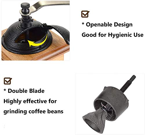 HUA JIE Manual de Doble Hoja de café Antigua Plaza Grinder Madera Cafetera con el Ajuste Ajustable y Moldeada Top portátil de Mano Molino de café Grano Grind