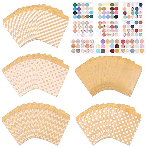 Huahao 125 Piezas Bolsas de Papel para Caramelos y 160 Piezas Pegatinas, Bolsas de Regalo Pequeñas de Papel Bolsas Papel Kraft Dulces de Galletas Pegatinas Paquetes Decortivas de Regalo (5