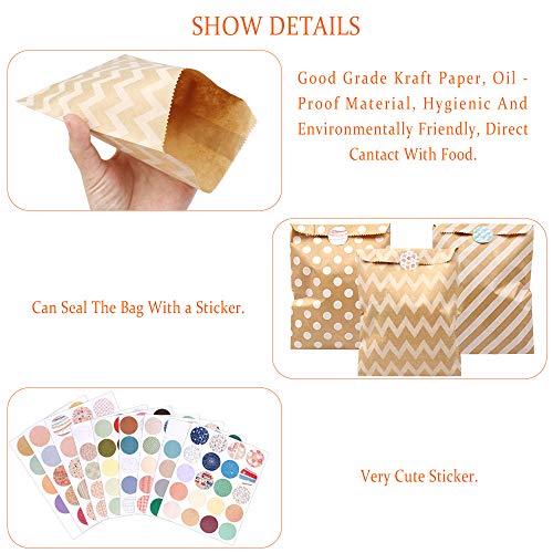 Huahao 125 Piezas Bolsas de Papel para Caramelos y 160 Piezas Pegatinas, Bolsas de Regalo Pequeñas de Papel Bolsas Papel Kraft Dulces de Galletas Pegatinas Paquetes Decortivas de Regalo (5