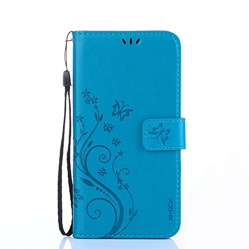 Huawei Y6 2017 Funda, SMTR Diseño retro del modelo de flores, Leather Wallet Case Cover Carcasa Funda con Ranura de Tarjeta para Huawei Y6 2017 (Azul)
