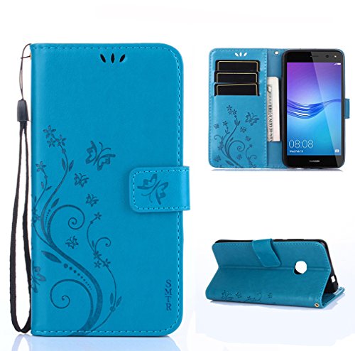 Huawei Y6 2017 Funda, SMTR Diseño retro del modelo de flores, Leather Wallet Case Cover Carcasa Funda con Ranura de Tarjeta para Huawei Y6 2017 (Azul)