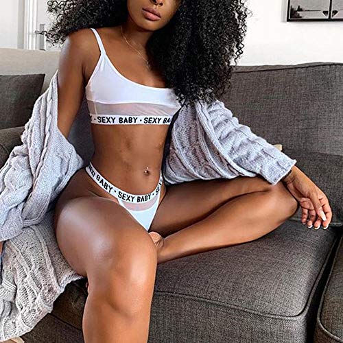 HULAODA Alfabeto Color sólido Patchwork Lencería Conjunto de señoras Lencería Ropa Interior Conjunto de Tanga Ropa Interior de señoras-Blanco_Medio