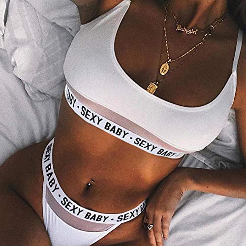 HULAODA Alfabeto Color sólido Patchwork Lencería Conjunto de señoras Lencería Ropa Interior Conjunto de Tanga Ropa Interior de señoras-Blanco_Medio