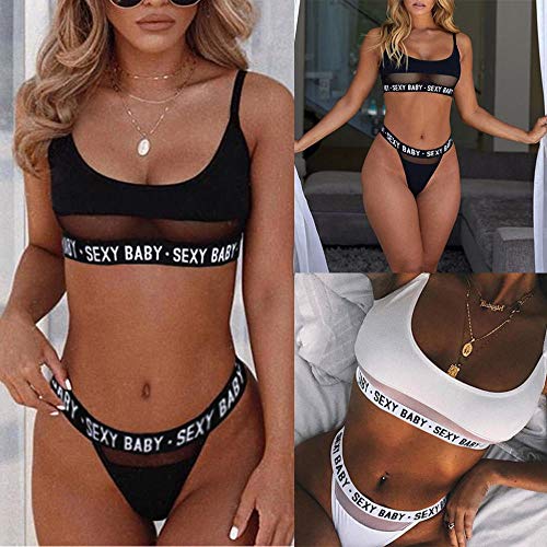 HULAODA Alfabeto Color sólido Patchwork Lencería Conjunto de señoras Lencería Ropa Interior Conjunto de Tanga Ropa Interior de señoras-Blanco_Medio