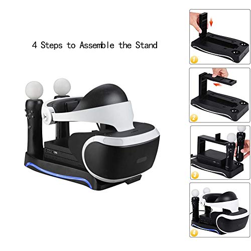 HUVE Base de Mango Multifuncional 4 en 1 Soporte de Cargador para Consola de Juegos de Segunda generación PS4 VR Cargador Mandos PS4 Estación de Carga rápida