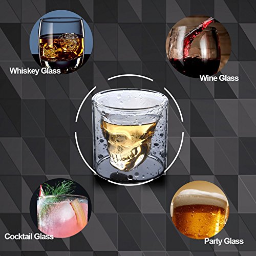 HwaGui Calavera Doble Cristal Vaso Tazas para Fiesta Bar Casa, Copas de Cerveza Doble Pared Whisky Vino Agua 250ml / 8.8oz