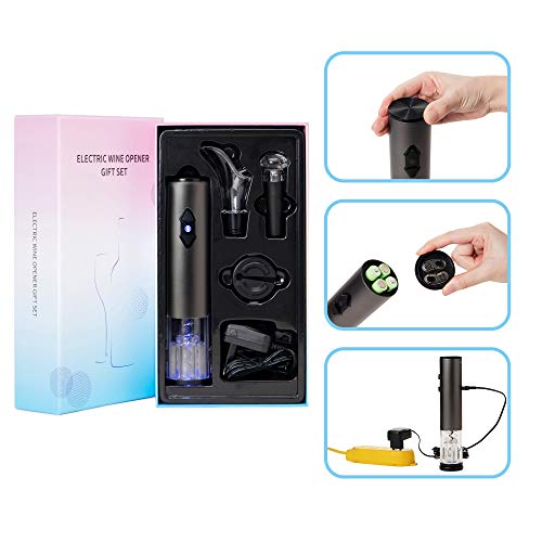Hyindoor Sacacorchos Eléctrico Inalámbrico Recargable Profesional Abridor Automatico de Botellas de Vino Caja de Regalo con Cortador/Tapón de Vacío/Vertedor